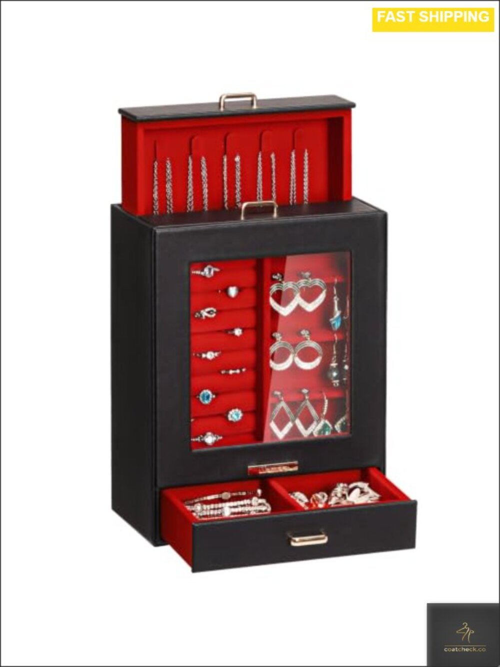Jewelry Box Organizer 3 Drawer PU Leather Glass Window Display